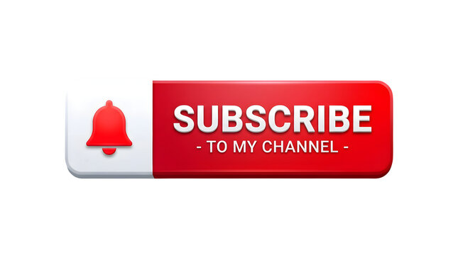Realistic red youtube subscribe button with bell icon isolated on transparent background