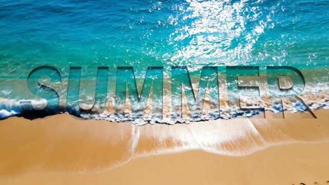 Summer text overlay on a tropical beach with turquoise ocean water and white waves.