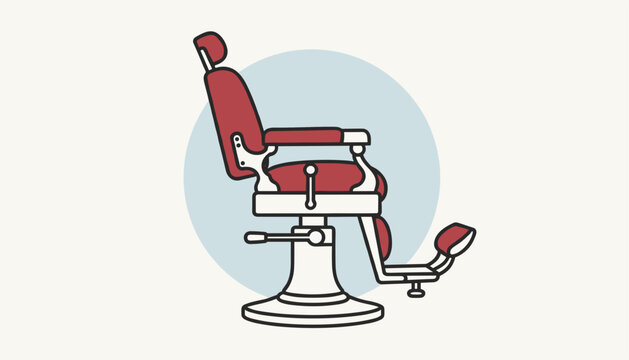 Vintage red barber chair vector illustration isolated inside a soft blue circle over a light cream background.
