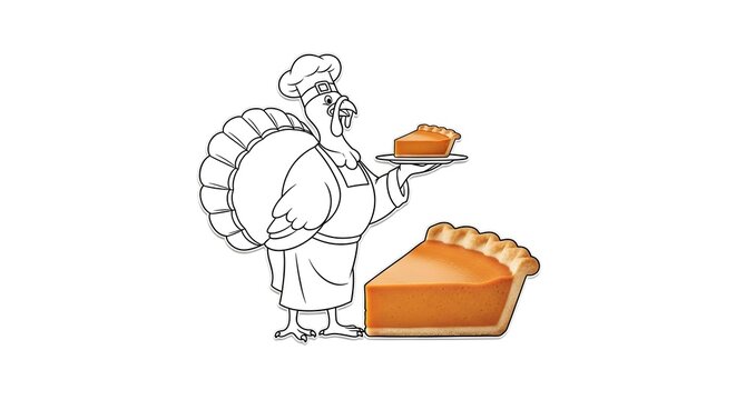 fun thanksgiving turkey chef cartoon character holding a pumpkin pie slice ready for holiday dinner celebration and autumn feast graphic vector illustration