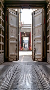 View through open shipping container doors revealing industrial loading dock and warehouse interior with metal flooring