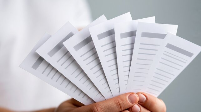 Hand holding a fan of white paper documents with grey placeholder text against a blurred background.
