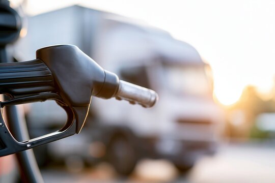 Close-up of a black fuel nozzle at a gas station with a blurred white truck in the background during golden hour.