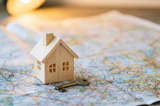 Small wooden model house and metal key resting on a folded map with warm lighting.