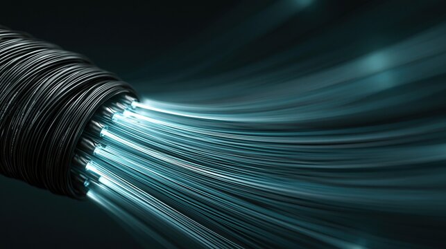 Close-up of glowing fiber optic cables emitting bright blue light against a dark background