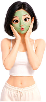 A young girl with a green face mask poses in a cute and cheerful way.