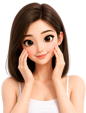 The young woman is touching her face.