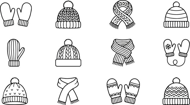 Winter clothes hats scarves and mittens icons set outline vector illustration