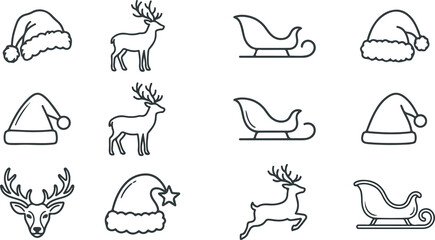 Christmas santa hat reindeer and sleigh icons set outline vector illustration © PNG Stock world 