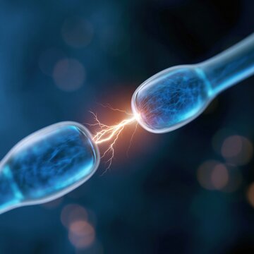 Scientific illustration of two glowing blue neurons connecting with a bright electrical spark against a dark bokeh background.