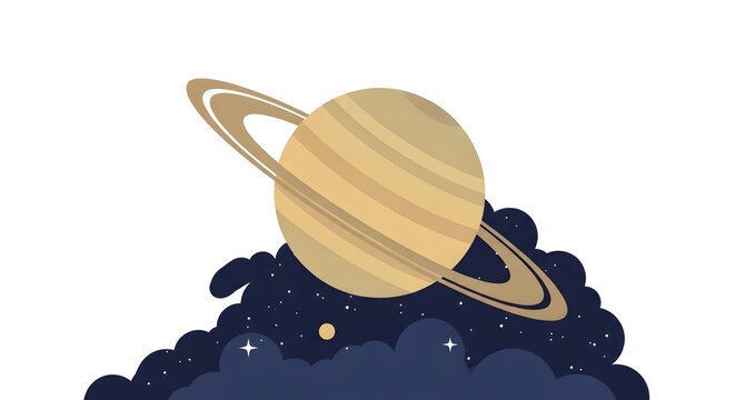 saturn planet with rings floating in dark starry space surrounded by cosmic clouds in a flat vector design for astronomy and science educational themes