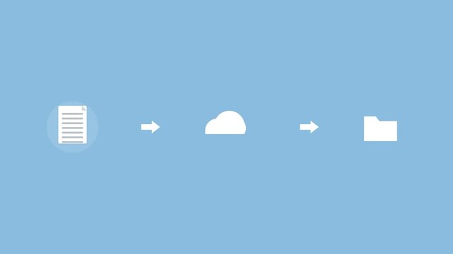 file sync pipeline with a file, a cloud and a folder connected by arrows, sky blue color scheme