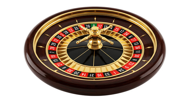 Realistic casino roulette wheel with numbers and gold details isolated on transparent background
