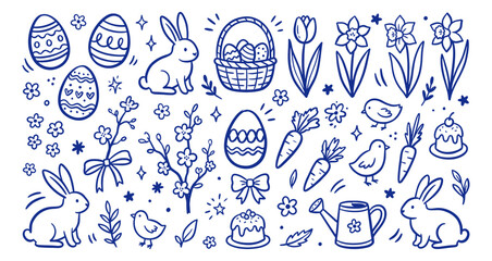 Fototapeta premium Hand drawn blue outline doodle set of various Easter bunnies, painted eggs, and spring elements