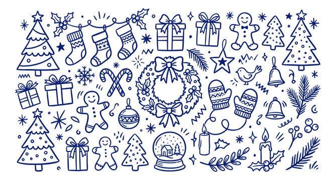 Hand drawn blue outline doodle set of various Christmas trees, gifts, and holiday celebration elements