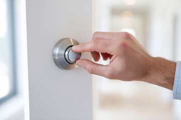 Naklejka premium A person's hand adjusts a modern silver thermostat mounted on a white wall inside a bright home interior.