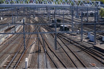 Obraz premium Railroad junction in Oslo, Norway. Many railway tracks.