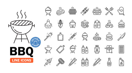 Fototapeta premium BBQ line icons set: detailed vector illustration of grill, tools, meats, veggies, sauces and outdoor cooking symbols for food, summer, and party themes
