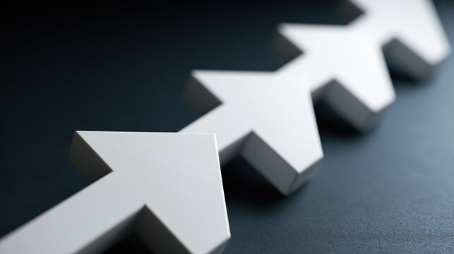 White three dimensional arrows pointing upwards on a dark textured surface symbolizing growth and progress