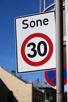 30 kph speed limit zone sign. Road sign in Oslo, Norway.