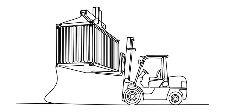 Forklift truck lifting a shipping container continuous one line drawing