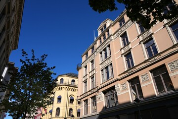 Fototapeta premium Old ornamental architecture in Oslo, Norway. Building in the Old Town. Kvadraturen neighborhood.
