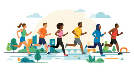 Fototapeta premium Joggers run along a city path with skyline buildings in the background.