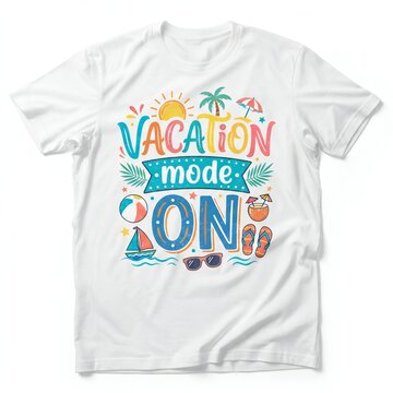 White t-shirt with vibrant vacation mode on summer holiday typography design and tropical elements
