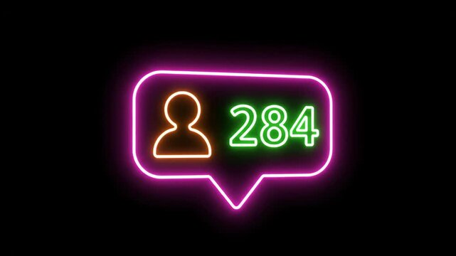 Neon social media follower notification icon with counter on black background.