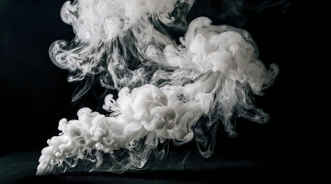 Abstract white smoke clouds swirling on black background with background abstract ethereal floating