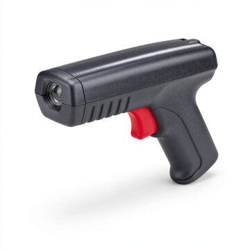 Black handheld infrared thermometer with red trigger button isolated on white background for temperature measurement