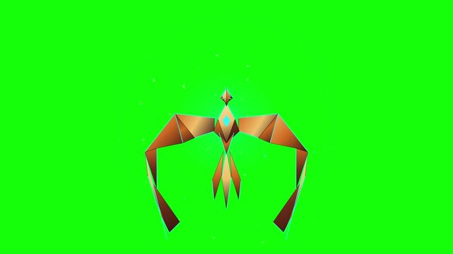 Golden geometric bird flapping wings in animation on green background