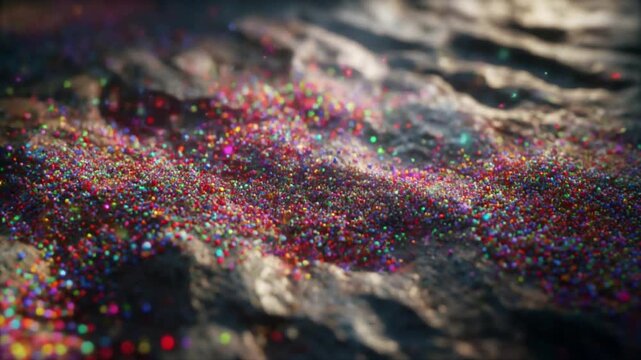 Extreme macro close-up of colorful particles on rough stone surface