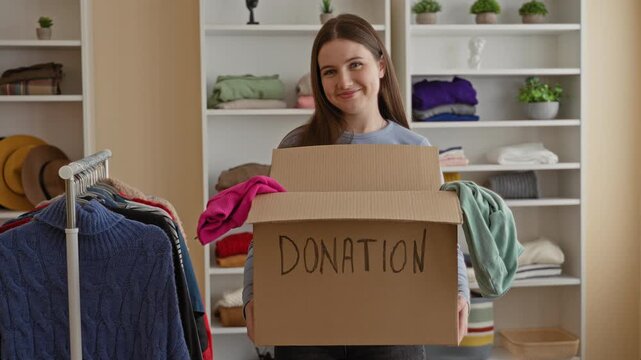 Young woman smiles while holding donation box filled with clothes in a thrift store building; generosity.