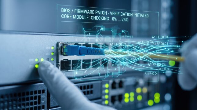 Close up of server rack with ethernet cable connected, digital overlay showing bios firmware patch verification initiated, core module checking progress bar, data center