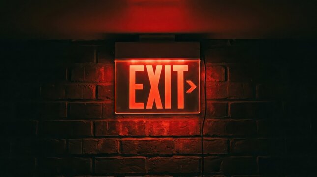 Glowing red exit sign mounted on a dark brick wall