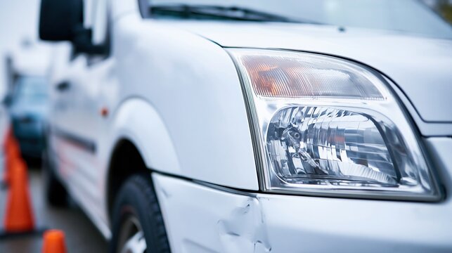Close-up view of a damaged white van with dented bumper and orange traffic cones nearby suggesting accident scene.