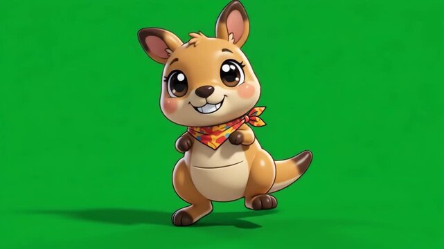 Cute Cartoon Kangaroo Character with Bandana on Green Screen Background, Adorable Australian Animal Illustration for Children's Content