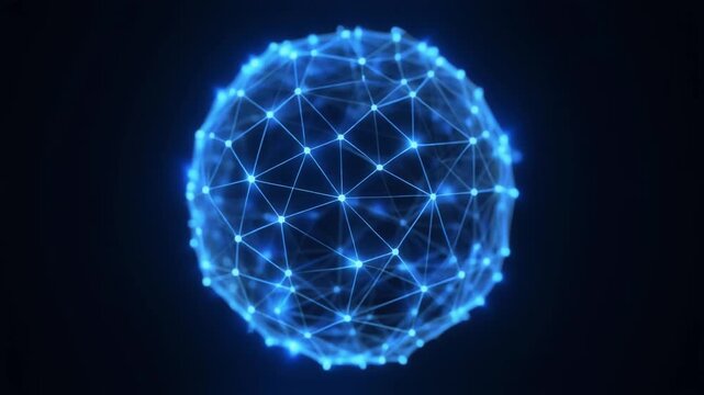 Glowing digital sphere of blue networks, symbolizing resilience, brilliance, authenticity, mastery, precision, advancement, innovation, connectivity, artificial intelligence.