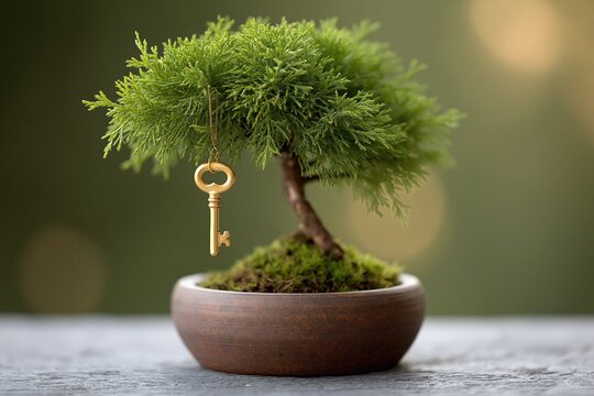 Small green bonsai tree in wooden pot with golden key hanging from branch on blurred background