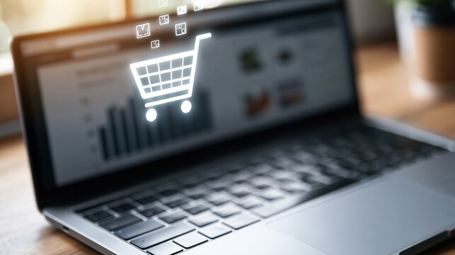 Glowing shopping cart icon floating above laptop screen displaying analytics and e-commerce interface on wooden desk