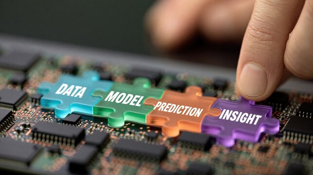Colorful puzzle pieces labeled data model prediction insight placed on computer circuit board by human finger