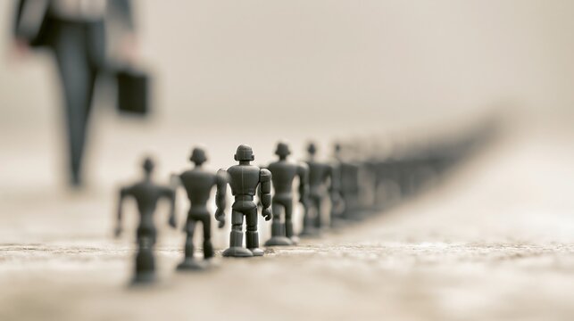 A line of small grey toy soldiers stands facing away from a blurred businessman walking in the opposite direction.