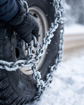 Close up of gloved hands installing metal snow chains on a vehicle tire during a heavy snowstorm for winter safety