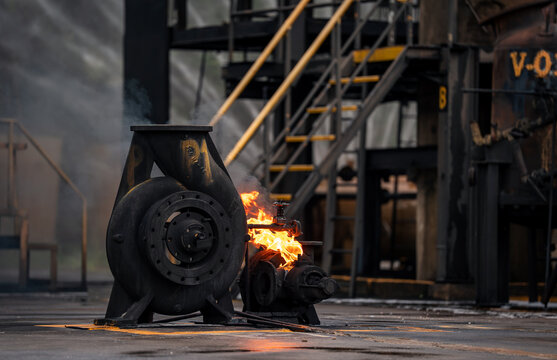 Industrial Fire Burning on Heavy Mechanical Equipment beside Metal Stairs and Structures at an Outdoor Facility