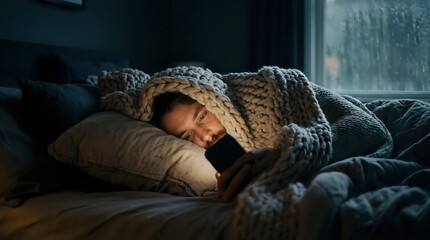 Fototapeta premium Young adult man lying in cozy bed at night using smartphone in bedroom