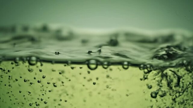 Macro view of air bubbles floating on a calm green water surface representing purity and freshness.