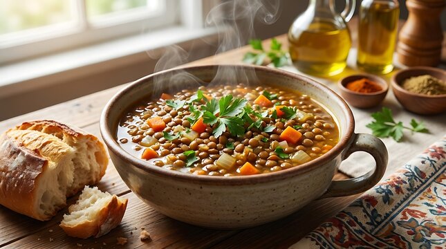 Delicious lentil soup in a rustic ceramic bowl served with fresh bread on a sunny wooden kitchen table. Hebrew cuisine recipes