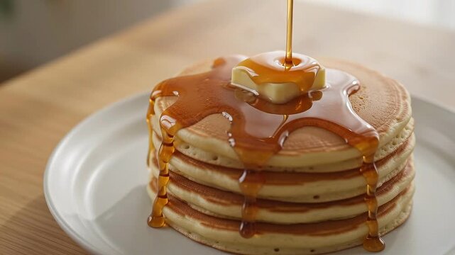 Delicious Pancake Stack with Melting Butter and Maple Syrup Drizzle