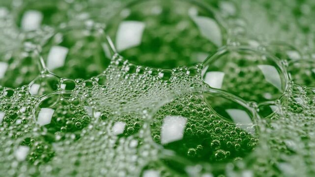 Macro view of green soap bubbles and foam creating a clean textured surface.